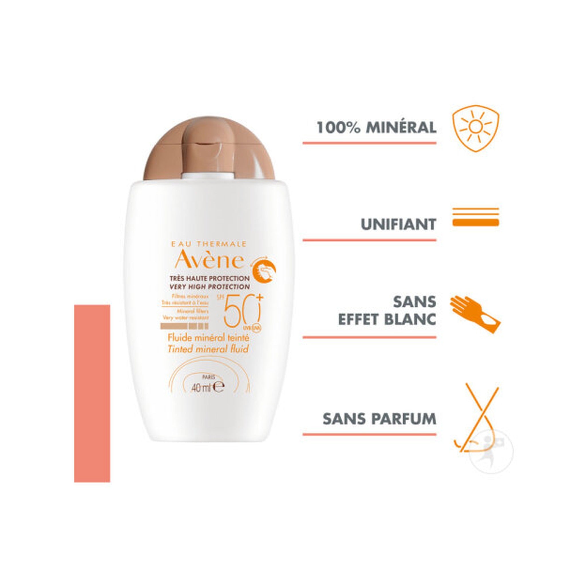 Avène Solaire IP50+ Fluide Minéral Teinté Très Haute Protection Peau Sensible Intolérante 40ml