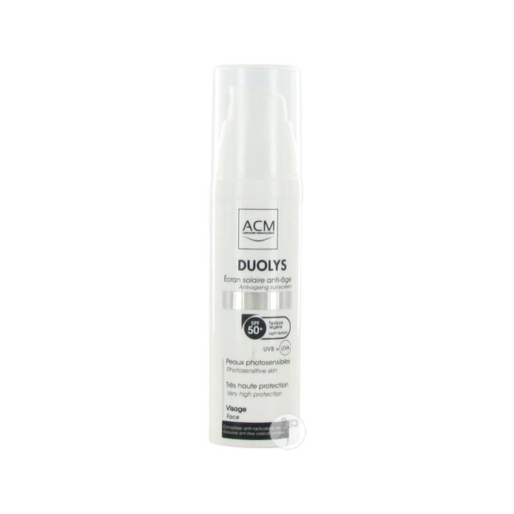 Duolys Écran Solaire Anti-Âge IP50+ Visage Peaux Photosensibles Flacon Pompe 50ml