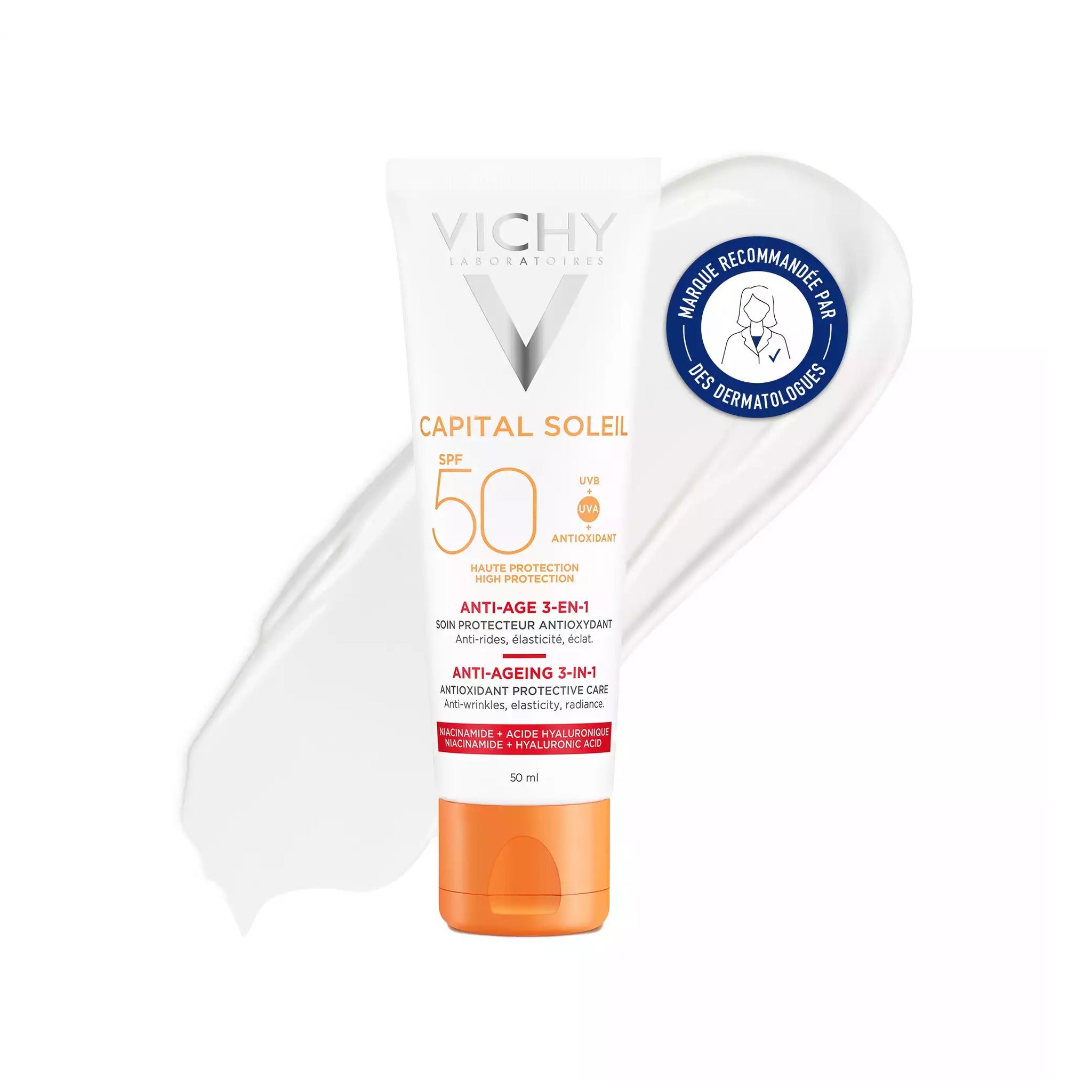 Vichy Capital Soleil IP50 Crème Solaire Anti-Âge Soin Protecteur Antioxydant 3-En-1 Tube 50ml