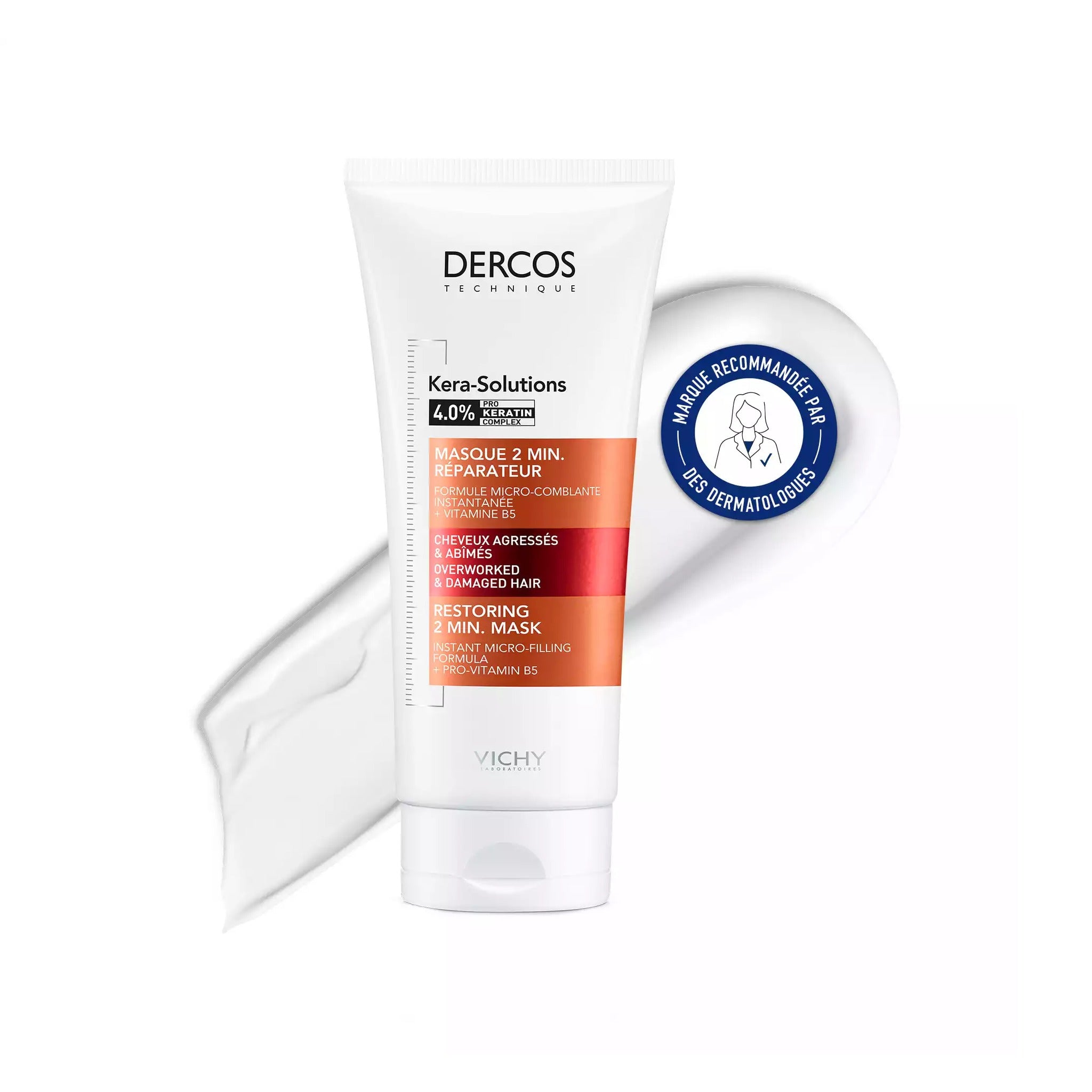 Vichy Dercos Kera-Solutions Masque 2 Minutes Réparateur Cheveux Agressés Et Abîmés Tube 200ml