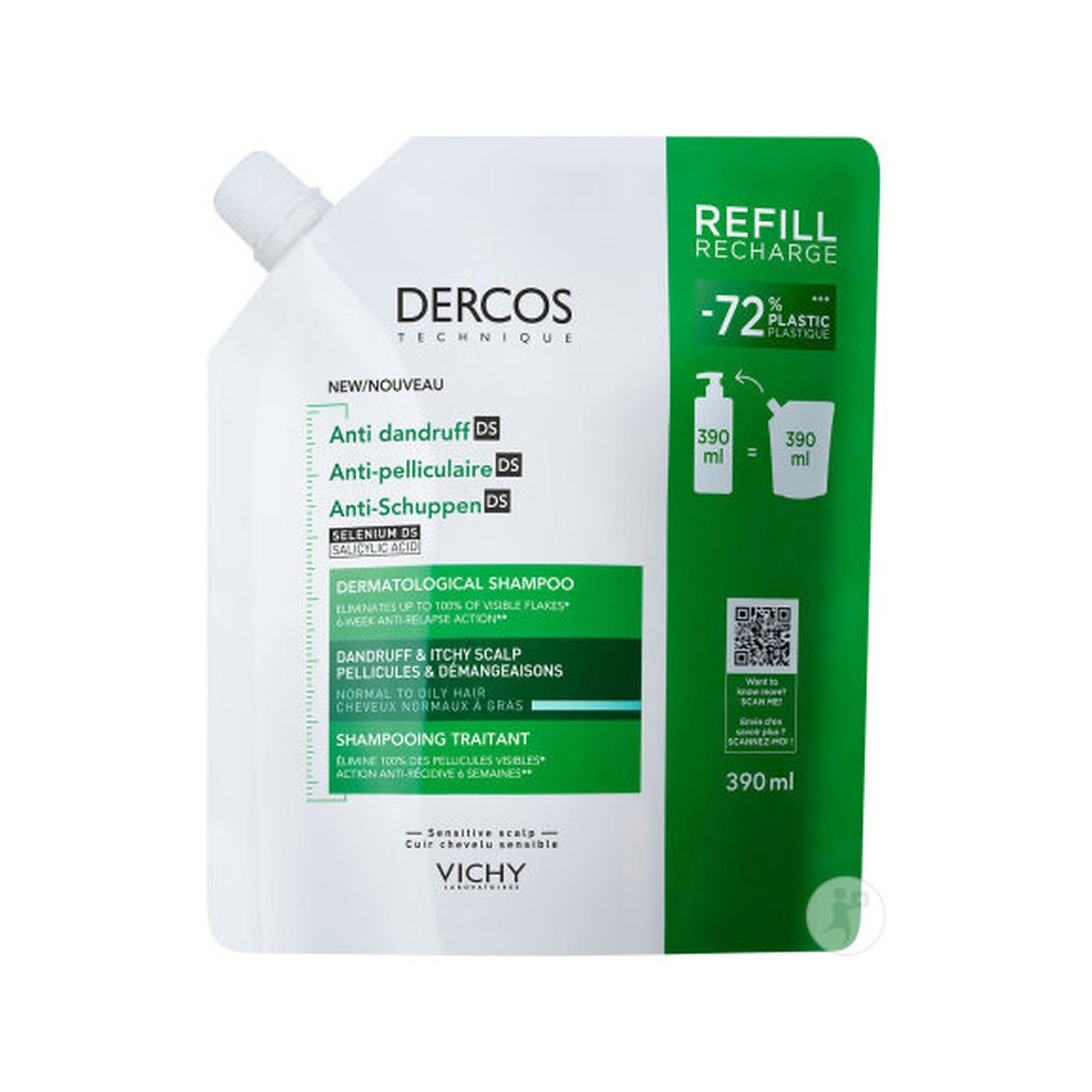 Vichy Dercos Shampoing Antipelliculaire Cheveux Normaux À Gras Recharge 390ml