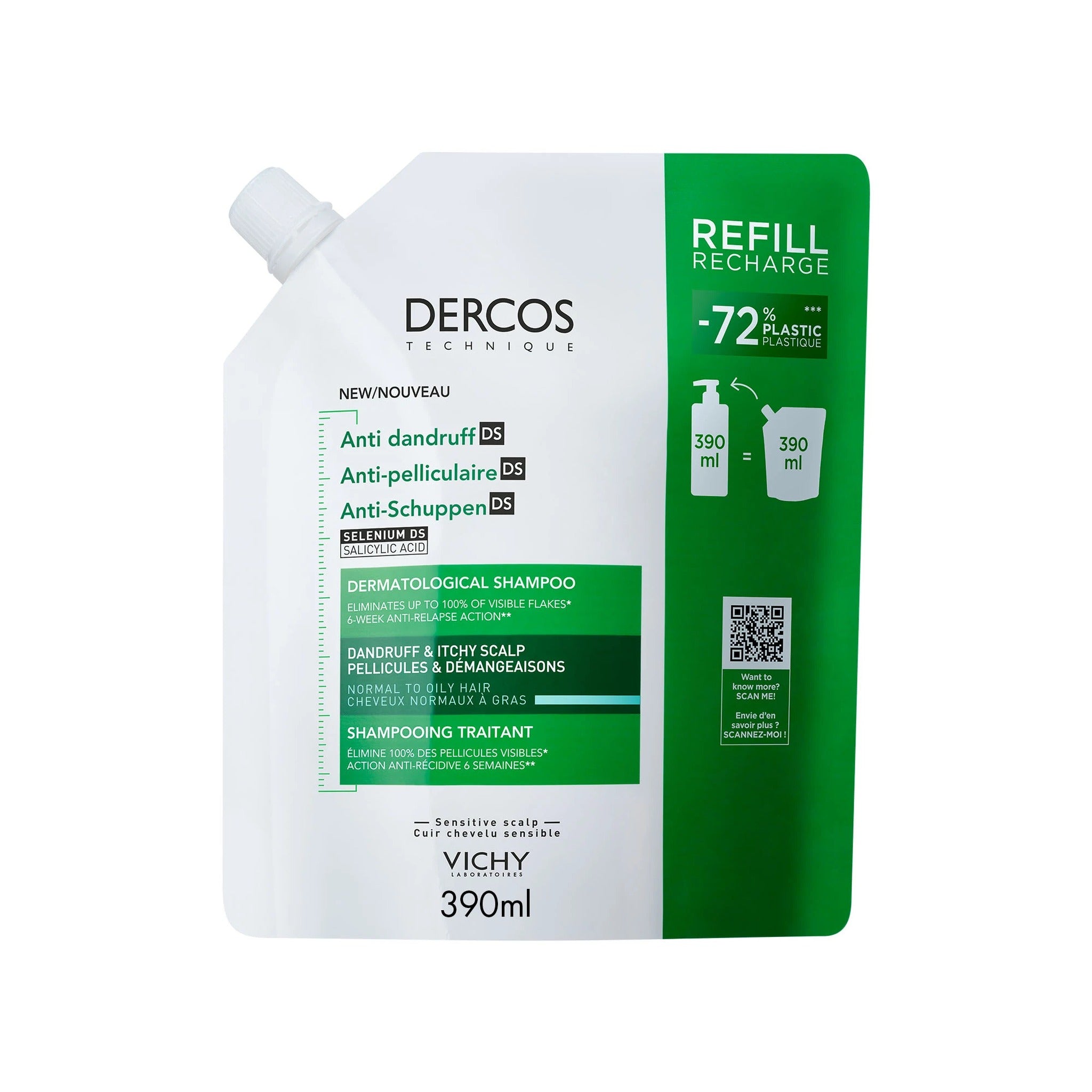 Vichy Dercos Shampoing Antipelliculaire Cheveux Normaux À Gras Recharge 390ml